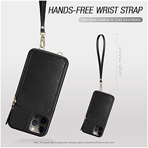 Чанта-портфейл ZVE, Съвместим с iPhone 12 Pro / 12, Калъф-стойка за карти с каишка на китката, Кожен Калъф-чанта