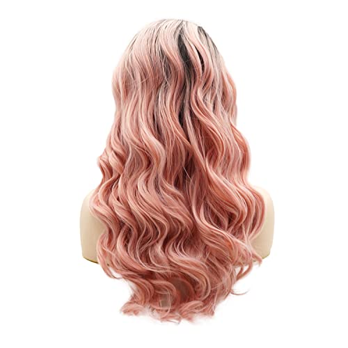 БУЙНИ косми, синтетични перука на дантели, вълнообразни, дълъг 20 см, тъмно-главната розово омбре, висока плътност, огнеупорни реалистичен перука