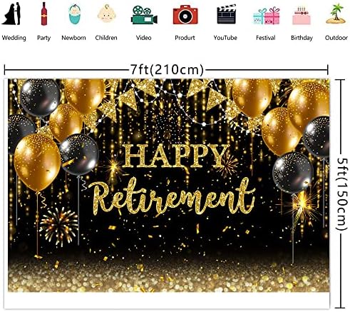 Ticuenicoa 7 × 5 метра Фон за парти в чест на щастливия пенсиониране Златен и Черен балон Писма с пенсионирането на Декорации за банери за Партита, за Жени И За Мъже Писма ?