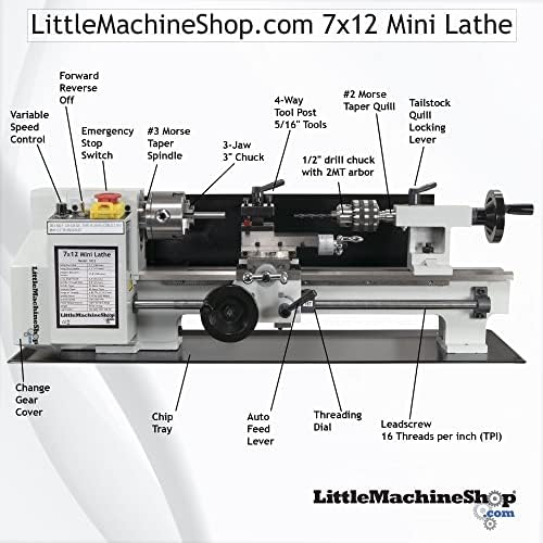 LittleMachineShop.com Мини струг за метал 7 x12 - Мини струг с променлива скорост на въртене, която включва 3 3-челюстта