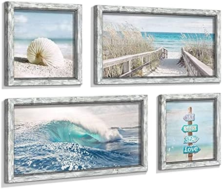 Стенно изкуство Океан, в Дървена рамка: Плажна Произведения на изкуството, Крайбрежните Щампи, Комплект от 4 Стенни декорации с Морски пейзажи за Всекидневната, 36 W x