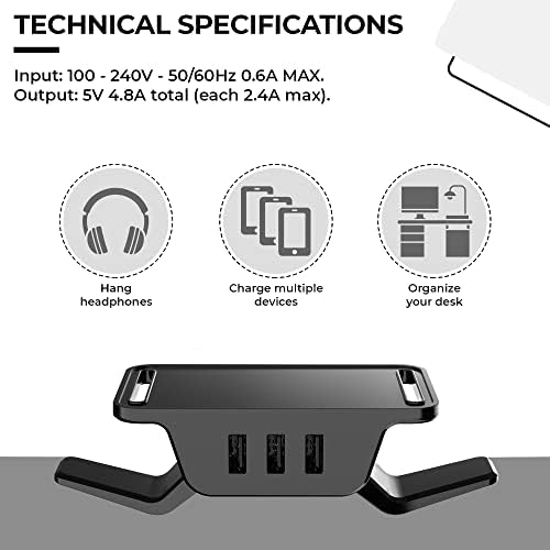 HumanCentric Закачалка за слушалки с USB-зарядно устройство, щипка за слушалки под масата + Поставка за слушалки,