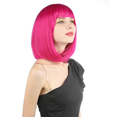 Перуки от косата eNilecor с кратко каре 12 инча, прави с плосък бретон светло розово и тъмно кафяво