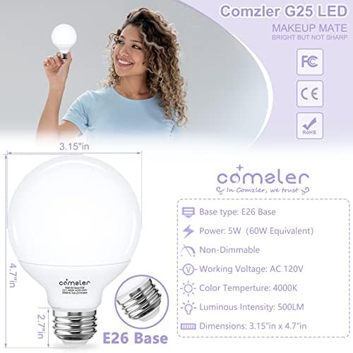 Comzler 8 Опаковки крушки E26 за баня с естествена дневна светлина 4000 До, Еквивалент на електрически крушки с