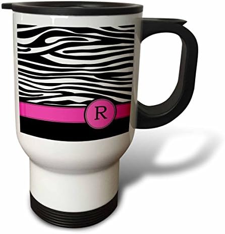 3dRose Пътна Чаша с черно-бели Монограм с буквата R в формата на Зебра в Ивица и на Животните Принтом с ярко Розова