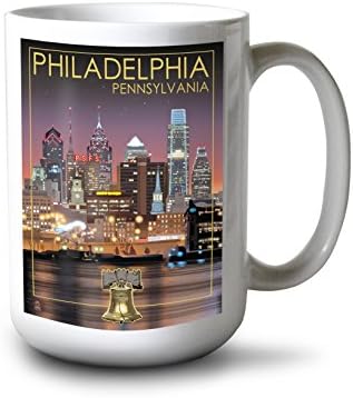 Фенер Press Филаделфия, Пенсилвания, Skyline през нощта (Черна керамична чаша за кафе и чай по 15 унции, може да