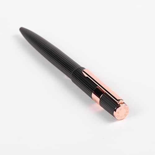 Химикалка писалка Hugo Boss в тънка ивица, черно/розово-златни | синьо мастило | Подарък кутия