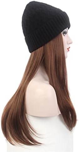 YFQHDD Дамска шапка за коса Черна вязаная шапка с перука Дълга права коса Кафява перука, шапка