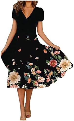 ADSSDQ Женствена рокля, Лятна Ежедневни Модни Свободна Миди Полата С Флорални Принтом, Къс Ръкав, V-образно деколте, страхотна Рокля-люлка