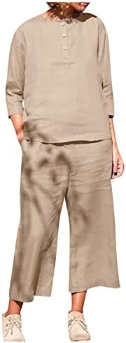 OVERMAL Модерен Женски Случайни Топ с джобове до средата на ръкави и копчета, Обикновен Памук Топ и Панталон С кръгло деколте, Комплект