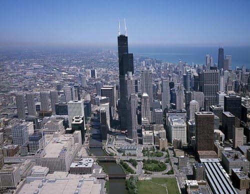 Снимка: Изглед от въздуха, Чикаго, Илинойс, Илинойс, Сиърс Кула, Уилис Кула, северна и южна Америка, Карол Хайсмит