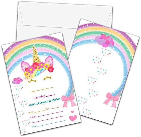 Покани за рожден Ден на Еднорога в Пликове - Безплатни билета за партито с дъга за момичета - Карти с Розов руж