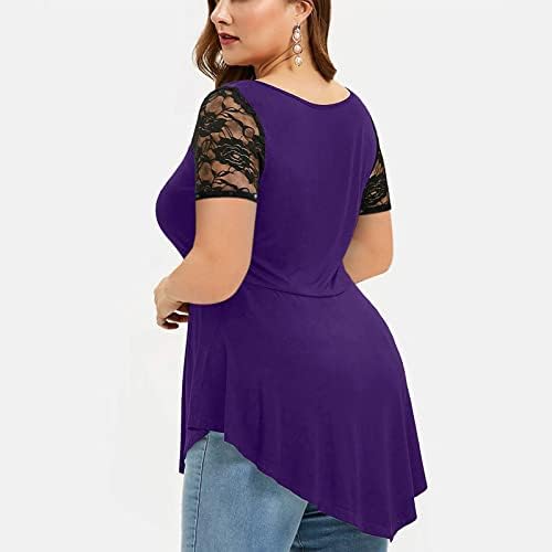 Плюс размери, Дамски Блузи, Однотонная Лейси Тениска С Цветен Модел, Дамски Ежедневни Асиметрична Туника С Кръгло