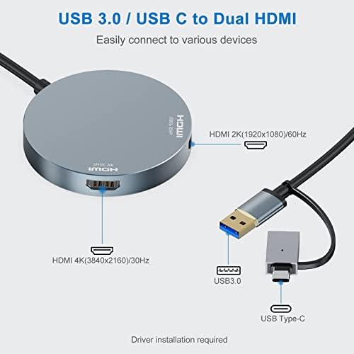 Адаптер USB 3.0-dual HDMI, USB сплитер-A-HDMI Поддържа 4K при честота 30 Hz и 1080P, съвместима и с Mac OS и Windows11/8/7