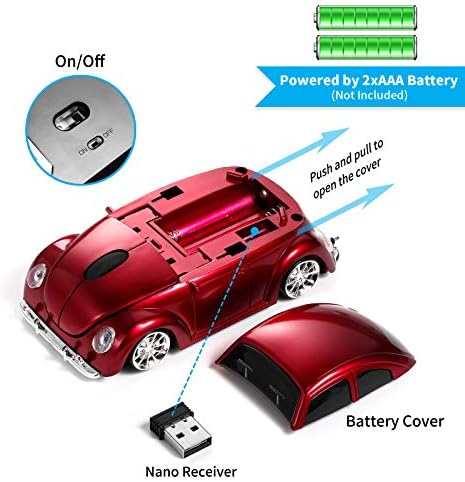 Класическата мишка във формата на кола BKLNOG [Обновена] от светодиодни фарове, 1600 dpi, Безжична Компютърна мишка с 2.4 Ghz, удобен за всякаква употреба, червена