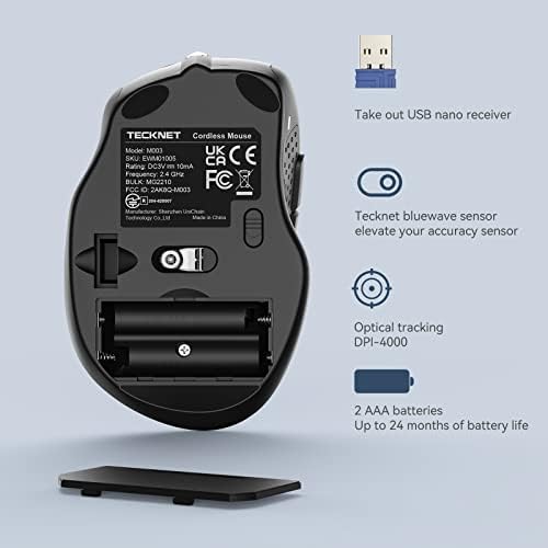 Безжична Тиха мишка TECKNET, Оптична Компютърна мишка 2,4 G с USB-приемник, 2 години живот на батерията, 6 Регулируеми