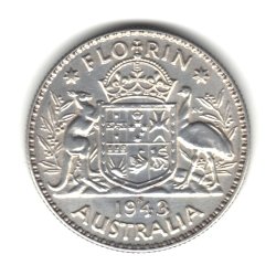 Австралийски флорин 1943-те години (2 шилинга) Монета KM40-92,5% Сребро
