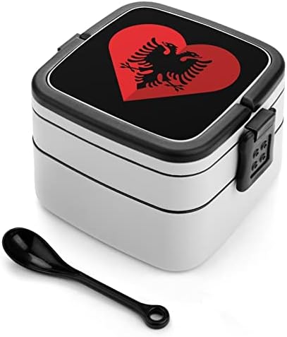Кутия за Обяд с Плосък Сърце и Флага на Албания, Преносима Двупластова Кутия за Bento, Контейнер за Обяд с Голям