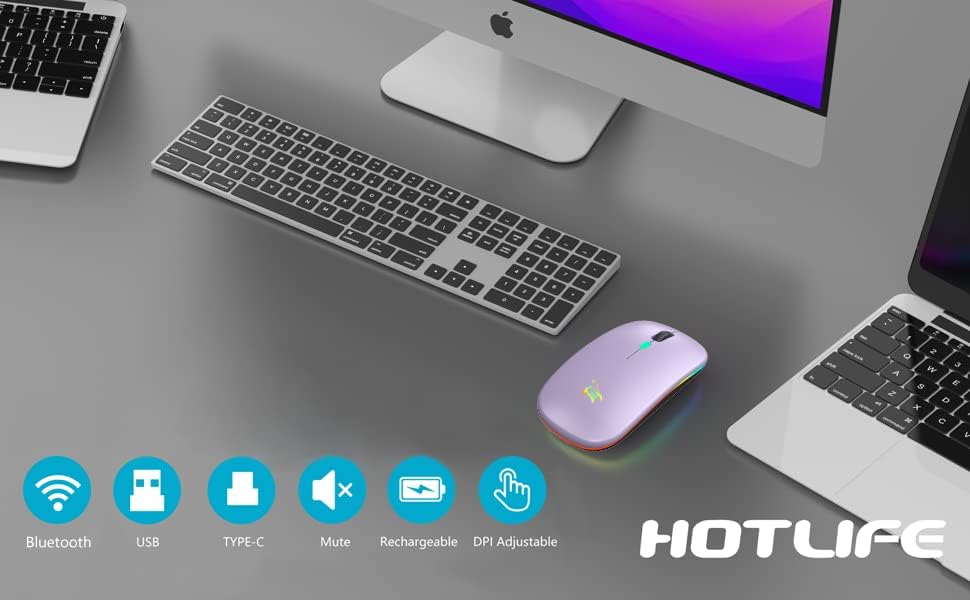 Безжична мишка, Безжична Bluetooth-мишка за лаптоп - Компютърна мишка с led подсветка (Bluetooth 5.1 + USB) - Акумулаторна