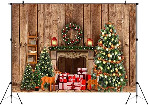 Апертура Коледен Фон За Камина 7x5 фута Подаръци, Коледна Елха Селски Навес Дървен под Борова Венец Фон За Снимки