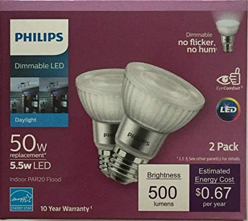 Led лампа за вътрешно осветление на Philips с регулируема яркост PAR20 на 40 градуса, 500 Лумена, 5000 Кельвинов,