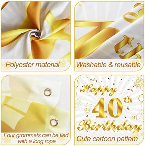 QIRCV 40th Birthday Party Background - Бял Златен Фон с 40-ти Рожден Ден на Банер за Фотобудки на 40-та Годишнина