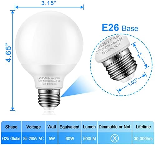 Marxlait 8 Опаковки лампи с дневна светлина за баня, Еквивалент на 60 W, средна база E26, led крушки-глобуси G25