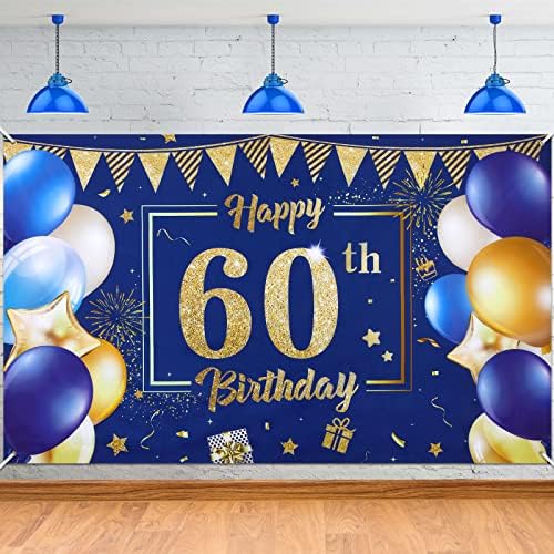 Син Банер с Декорация на 60-годишнината на мъжете и Жените, Тъмно Синьо, Златен Фон Банер С 60-годишнината От Рождението