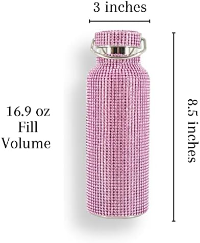 Бутилка за вода от неръждаема Стомана с блестящи Розови кристали |16,9 течни унции, Вакуум Метален Термос за Пътуване,