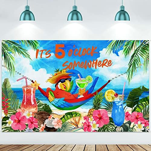 Някъде сега е 5 Часа, Летен Фон Тропически Банер с Папагала е на Плажа на Хаваите Украса Полиестер Фон Морски Коктейли,