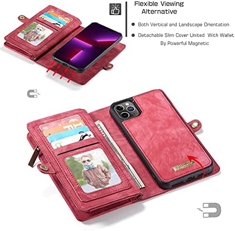 Чанта-портфейл Zttopo, Съвместим с iPhone 13 Pro, 2 в 1, Кожена с цип, Сменяем Магнитен 11 Слотове за карти, Джоб