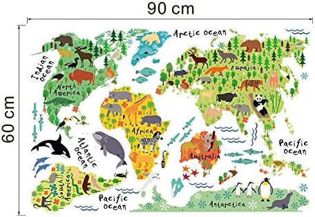 Стикер за стена с карта на света на животните (60 см.-Ширина 90 см), LoveQmall, Стикери за стена, Водоустойчив Сменяеми