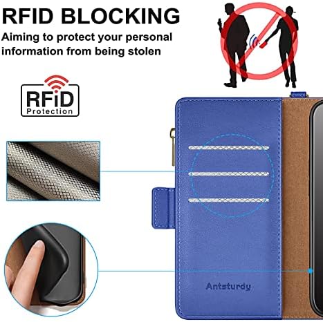 Antsturdy за iPhone 13 6,1 Чанта-портфейл 【Заключване RFID】【Джоб с цип】【7 Слотове за карти 】 Защитен калъф-Награда