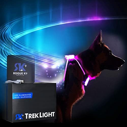 Rogue K9 TrekLight - Свети кучешка сбруя. Идеални led светлини за кучета за нощни разходки и джогинг. Акумулаторна