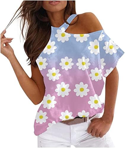 OVERMAL / Дамски Летни Модни Блузи с къс ръкав и отворени рамене, Контрастни принтом и Цветен Принтом