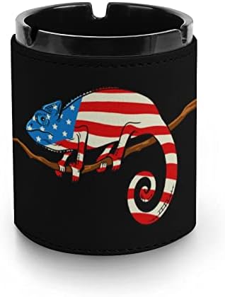Оцветен Хамелеон в Американски Флаг Кожена Пепелник Премиум-Клас с Кръгли Цигари, Настолен Пепелник за Пушачи в