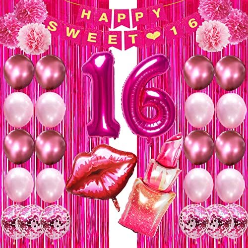 Ярко Розови орнаменти Crenics Sweet 16 за рожден Ден за момичетата - Банер Happy Sweet 16 за рожден Ден, 24 въздушни