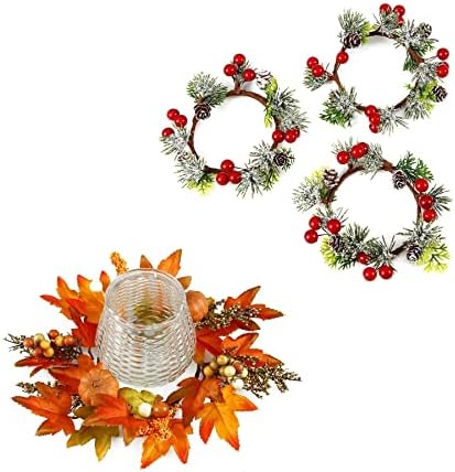 Свещник за свещи OYATON на Деня на Благодарността с Есенното Декор във формата на Венец и Мини Коледни Венци и Пръстени,